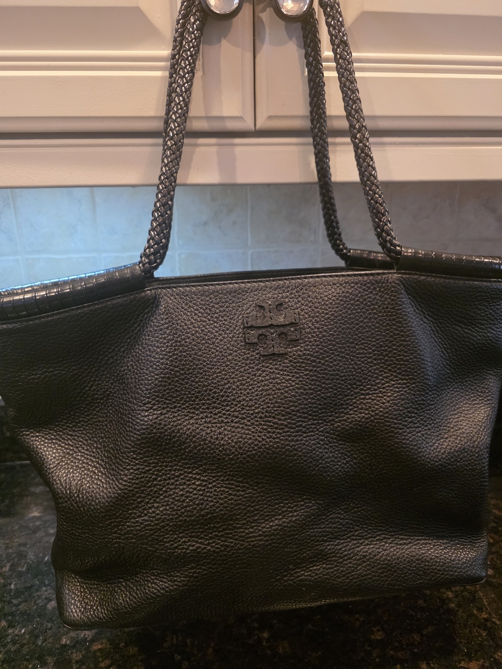 Tory Burch Black Pebbled Leather Satchel with Braided Handles